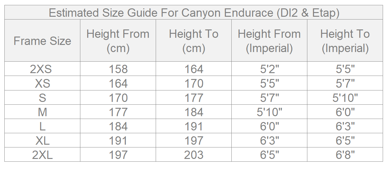 Canyon Sizes New – North Wind Cycles